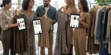 Jóvenes sonrientes intercambiando ropa, representando el concepto de alquiler de moda sostenible en España.