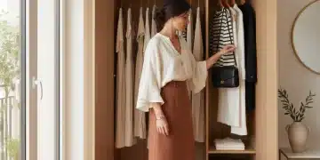Mujer eligiendo ropa de un armario cápsula bien organizado con prendas de moda española.
