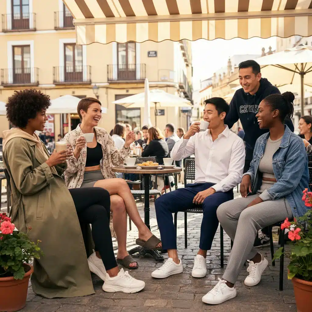 Grupo de amigos con looks athleisure disfrutando de un café en una terraza española.