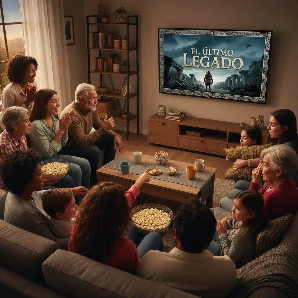 Personas de diferentes edades viendo 'El Último Legado' con entusiasmo y expectación en un ambiente de reunión.