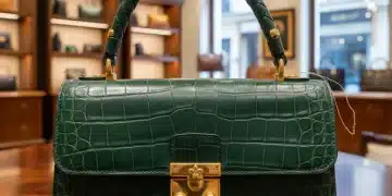 Primer plano de un bolso de diseñador, comparando detalles auténticos y falsos para identificar falsificaciones de lujo en moda española.