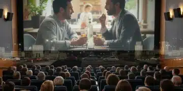 Público diverso observando una película española en una sala de cine moderna.