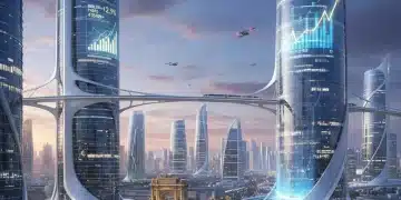 Paisaje urbano futurista español al anochecer, simbolizando la inversión en ciencia ficción