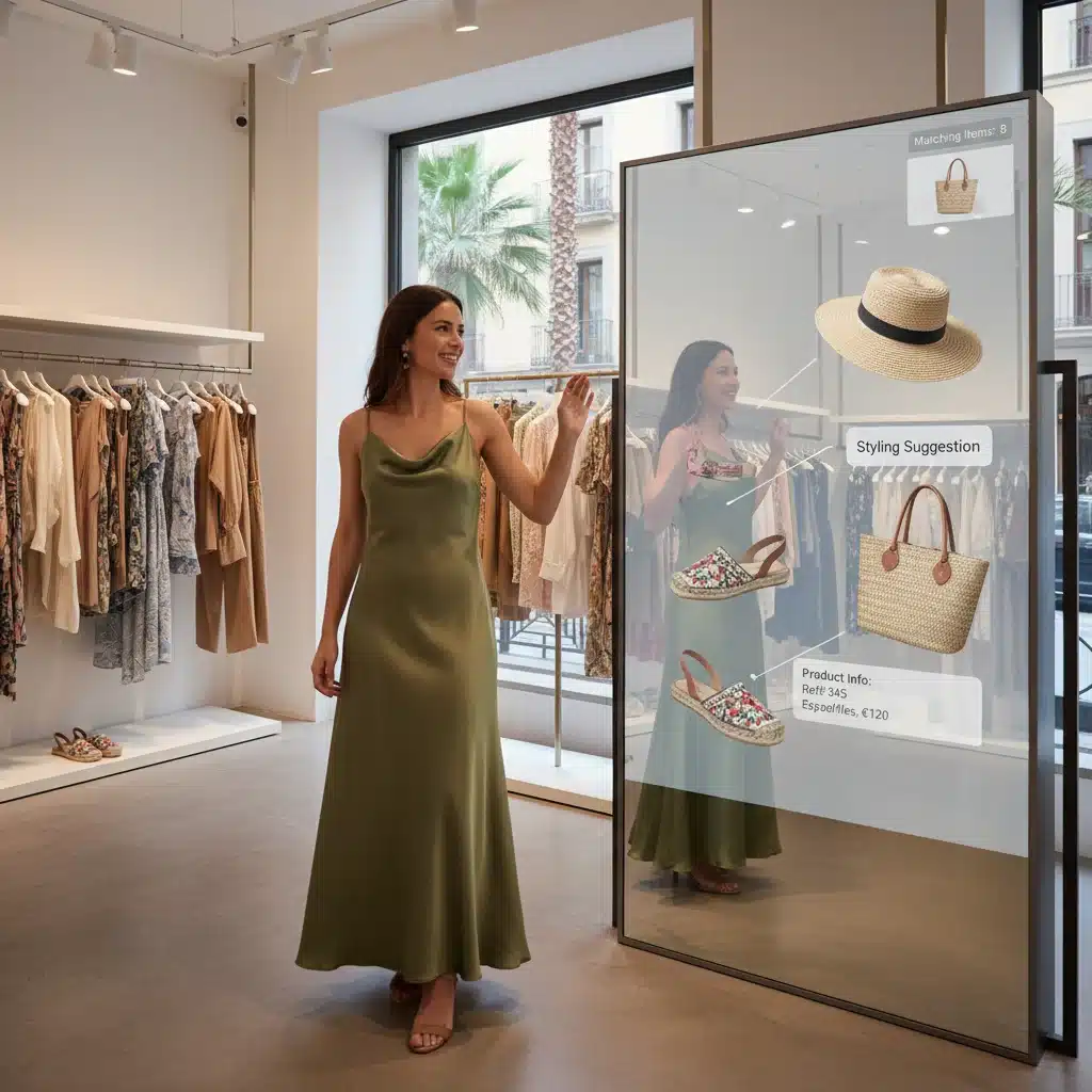 Clienta interactuando con un espejo inteligente en una tienda de moda, probándose ropa y recibiendo sugerencias personalizadas.
