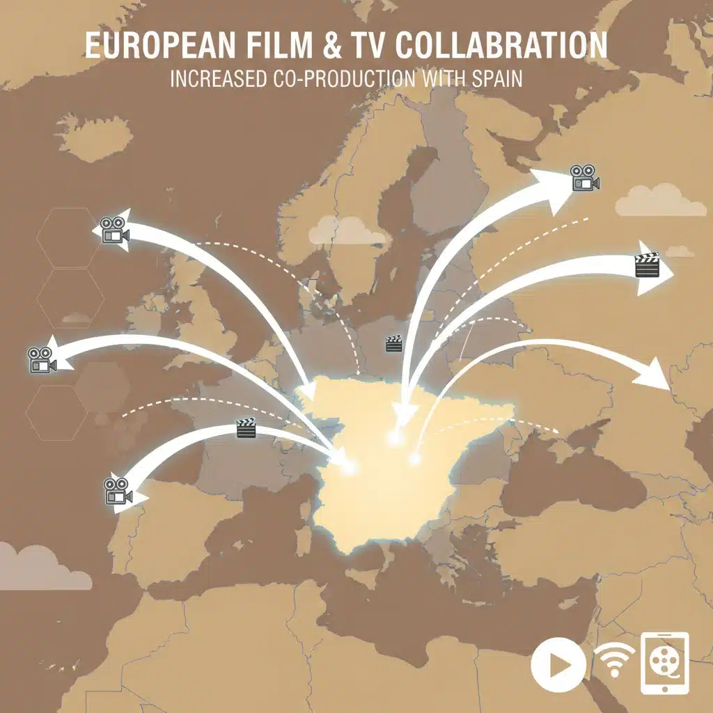 Gráfico de flechas conectando países europeos con España, representando la colaboración y coproducción transfronteriza en el sector audiovisual.