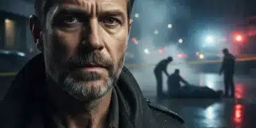 Detective protagonista de 'El Último Caso' con expresión seria y fondo urbano difuminado.