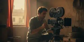 Director de fotografía ajustando cámara en un set de cine español, con iluminación dramática.