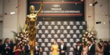 Estatua dorada de premio cinematográfico con fondo de alfombra roja y flashes, simbolizando la excelencia actoral en el cine español.