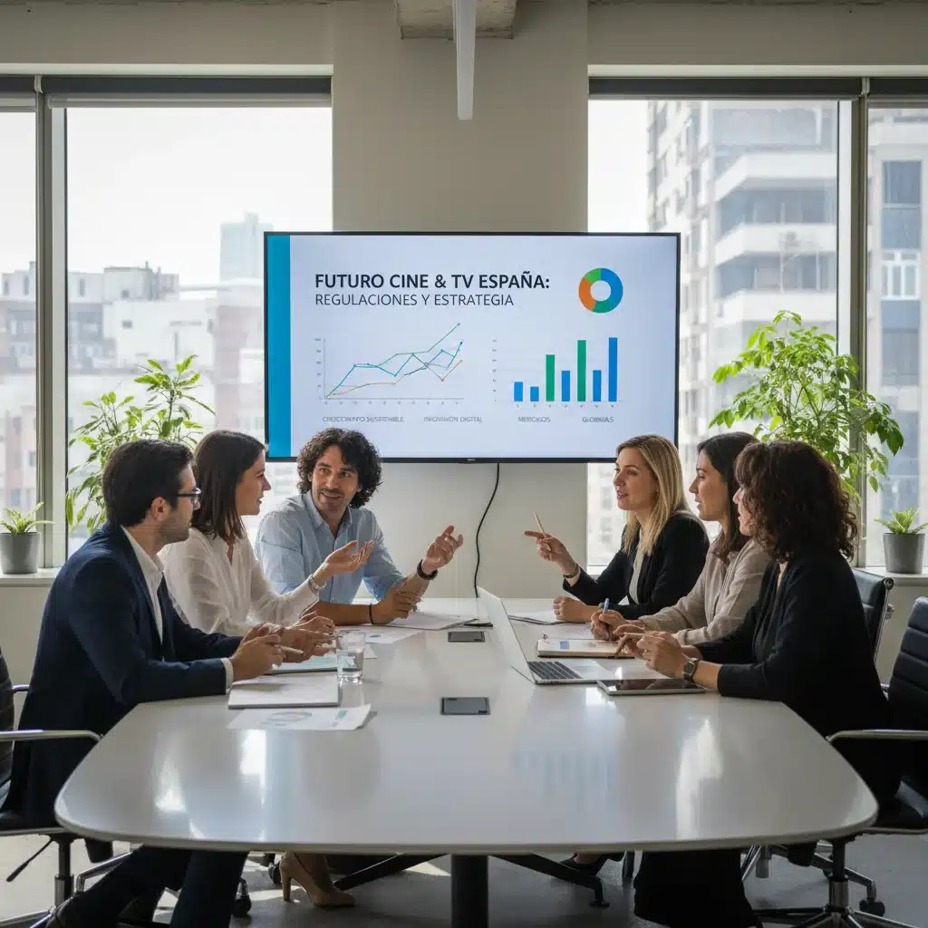 Profesionales debatiendo estrategias para adaptarse a las nuevas regulaciones de la UE en la industria audiovisual española.