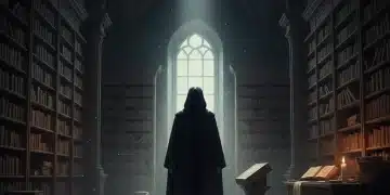 Figura sombría en una biblioteca antigua, símbolo de misterios ocultos y verdades por descubrir.