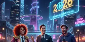 Futuro vibrante de la comedia española en 2026, con personajes riendo frente a una pantalla holográfica.