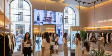 Interior de una tienda de moda moderna con pantallas digitales y clientes interactuando, representando el futuro del retail en España.