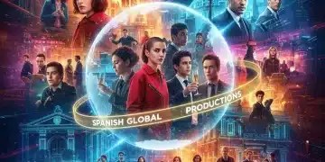 Collage dinámico de personajes y escenas de series españolas, representando la diversidad y el futuro de la ficción nacional.