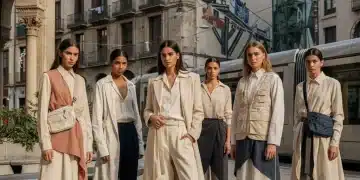 Modelos jóvenes luciendo ropa genderless en un entorno urbano español, con edificios históricos y modernos de fondo.