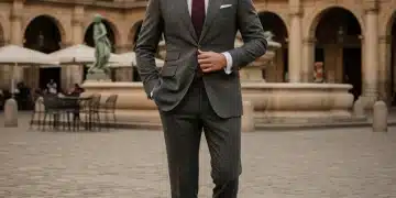 Hombre elegante con traje moderno español en una plaza histórica, reflejando la sastrería moderna.