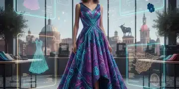 Mujer con vestido futurista diseñado con IA en estudio de moda español