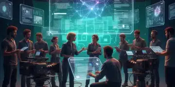 Directores y guionistas españoles colaborando con inteligencia artificial en la creación de guiones cinematográficos en un estudio moderno.