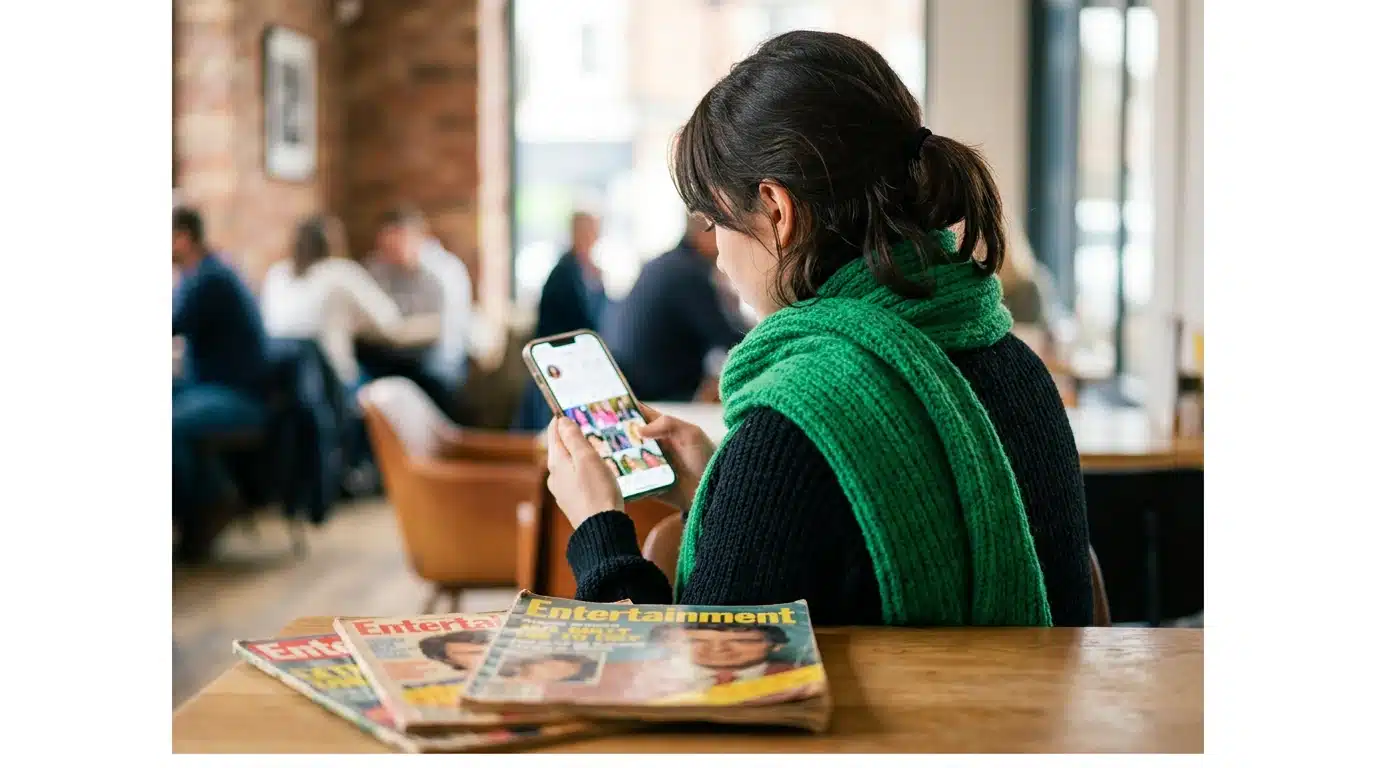 A woman engaged with a smartphone displaying a celebrity's social media feed, with old magazines in the foreground, symbolizing the shift from traditional to digital influence in celebrity culture.