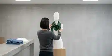 Woman arranging a forest-green silk scarf on a white mannequin torso, surrounded by minimalist wardrobe essentials in a modern studio.