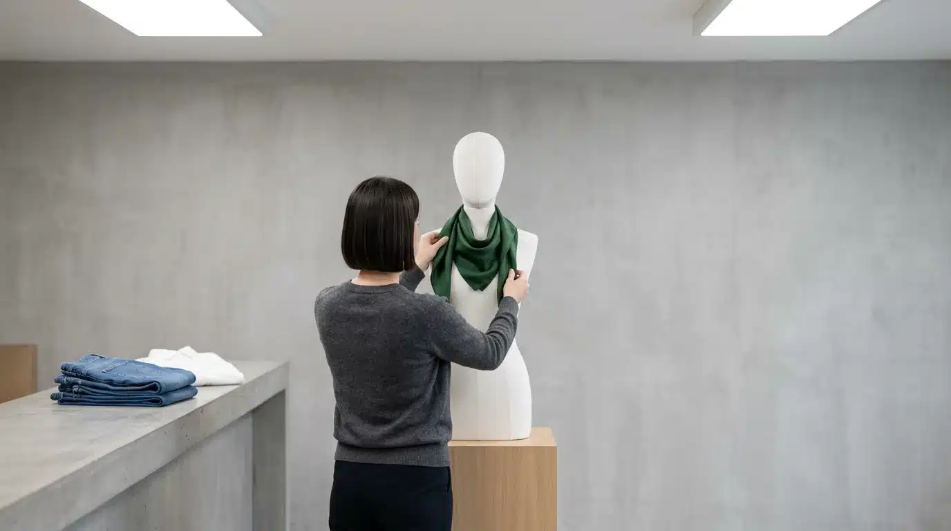 Woman arranging a forest-green silk scarf on a white mannequin torso, surrounded by minimalist wardrobe essentials in a modern studio.