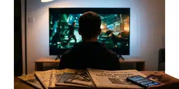 A person viewing a movie on a large flat-screen TV, contrasted with vintage film magazines and a newspaper, symbolizing the evolution of film criticism from print to digital media and streaming platforms.