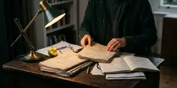 A person organizing film scripts and notes on a wooden desk, illuminated by a focused desk lamp, symbolizing critical analysis.
