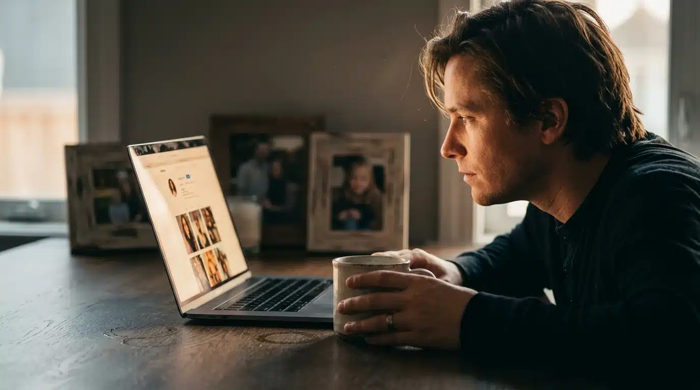 A person, illuminated by a laptop screen displaying a celebrity's social media, rests a hand on a mug on a dark oak table, suggesting a deep parasocial connection. High-contrast documentary style with warm tones.