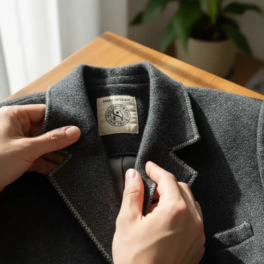 Manos inspeccionando la calidad de las costuras y el tejido de una prenda española sostenible, con etiqueta de origen y certificaciones.