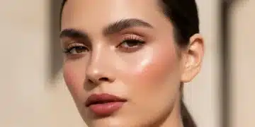 Mujer con maquillaje minimalista natural y sofisticado, piel radiante y labios sutiles.