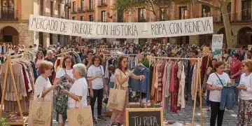 Mercado de ropa de segunda mano en España, mostrando la diversidad y alegría de la moda circular.