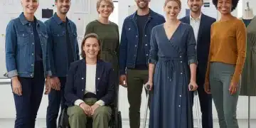 Grupo diverso de personas con ropa adaptativa moderna y elegante en un estudio de moda.
