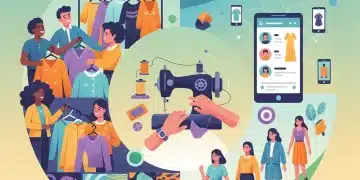 Mujer feliz intercambiando ropa en un evento de moda circular, con gráficos de ahorro y sostenibilidad de fondo.
