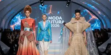 Modelos desfilando ropa con fibras naturales y sintéticas en una pasarela de moda española 2026.