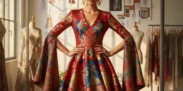 Mujer elegante con vestido personalizado de moda española en un estudio de diseño.