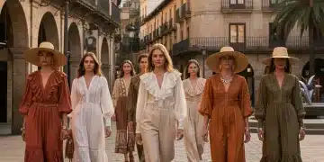 Modelos con ropa española sostenible y duradera en un entorno urbano soleado, destacando la calidad y el estilo atemporal.