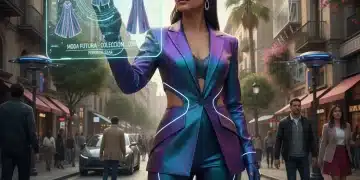 Mujer en outfit personalizado futurista interactuando con interfaz holográfica en una calle española.
