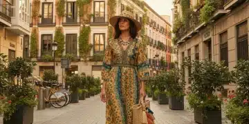 Mujer española vistiendo moda sostenible vibrante en una calle soleada de Madrid.