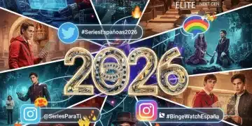 Collage de momentos icónicos de series españolas de 2026 y logos de redes sociales, simbolizando el impacto digital.