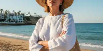 Mujer con gafas de sol futuristas en una playa española, tendencia 2026
