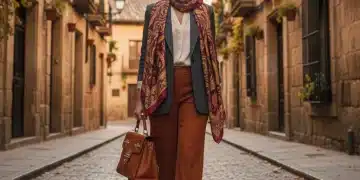 Mujer elegante con accesorios de moda española en otoño