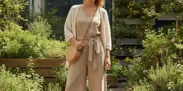 Mujer vistiendo ropa de moda sostenible en un entorno urbano verde.