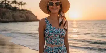 Mujer elegante luciendo traje de baño de tendencia en playa española al atardecer, moda baño 2026.