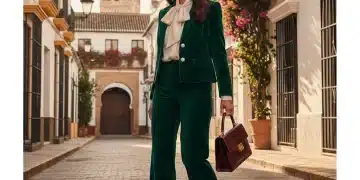 Mujer elegante con atuendo vintage de lujo y bolso de diseñador en una calle española.