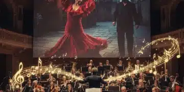 Orquesta interpretando una banda sonora épica para una película española de 2026, con proyecciones cinematográficas de fondo.