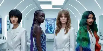 Modelos con los 4 peinados de vanguardia para 2026: bob deconstruido, trenzas futuristas, flequillo cortina y colores fantasía, en un salón moderno.