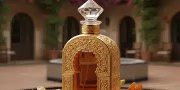 Frasco de perfume lujoso y elegante, rodeado de flores y maderas, simbolizando la sofisticación española.