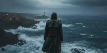 Póster oficial de 'El Silencio del Mar' con figura solitaria ante un mar agitado, evocando misterio y drama.