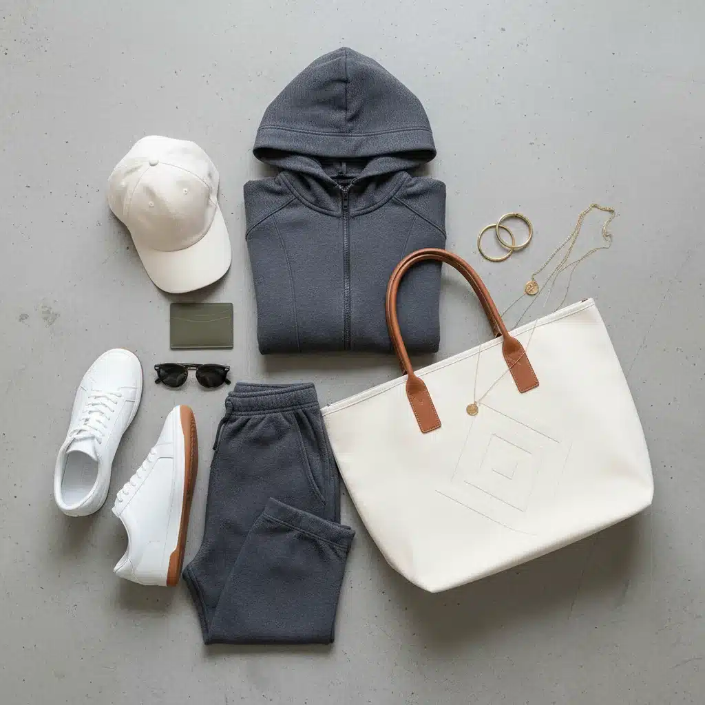 Composición de prendas athleisure clave: chándal, zapatillas, gorra, bolso y joyas.