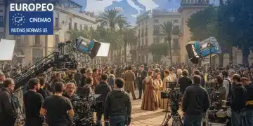 Equipo de producción cinematográfica en un set vibrante en España, con cámaras y luces, simbolizando la nueva era de la producción audiovisual.