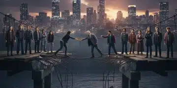 Imagen promocional de la serie 'Puentes Rotos' con personajes clave en un puente simbólico